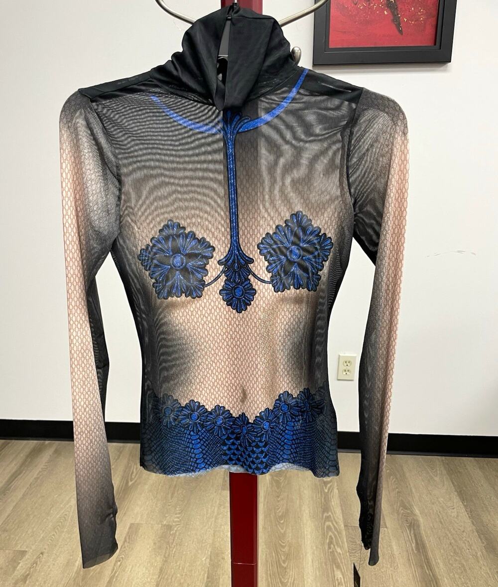 AFRM Women's Sheer Mesh Turtleneck Long Sleeve Top Black/Blue Lace S/P